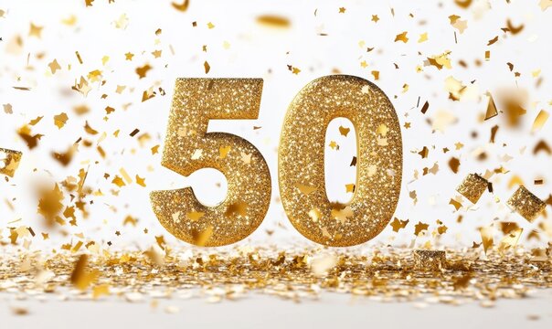 Gold Glitter Number 50 with Festive Confetti on a White Background