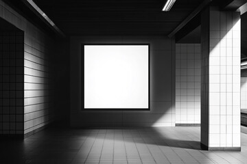 Blank billboard in a subway station tiled walls and columns sunlight