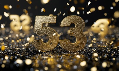 Gold Glittery Number 53 Surrounded by Confetti on Black Background