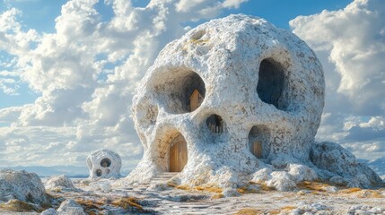 Strange, cavernous, stone dwelling in a fantastical landscape