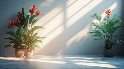 Two potted plants with red flowers stand in a room with sunlight.