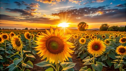 Fototapeta premium Vibrant Sunset over Sunflower Field - Golden Hour Landscape Photography