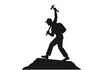 Person silhouetted triumphantly holding a hammer against white background  