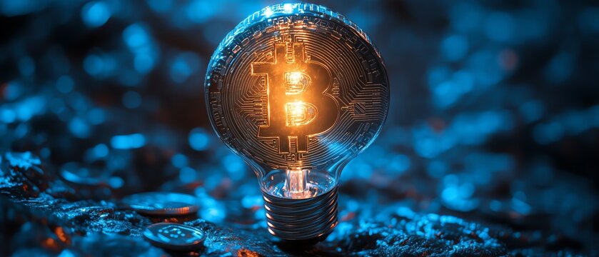 Bitcoin inside lightbulb, glowing bright. Crypto innovation concept.