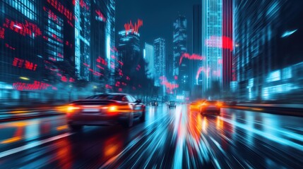 Obraz premium Night city street, cars speeding, stock market data, blurred lights, finance concept