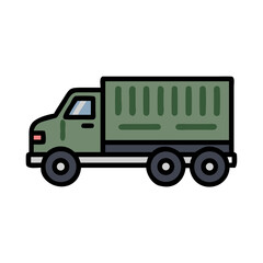 Olive Green Military Truck Icon on Black Background for Transport and Logistics