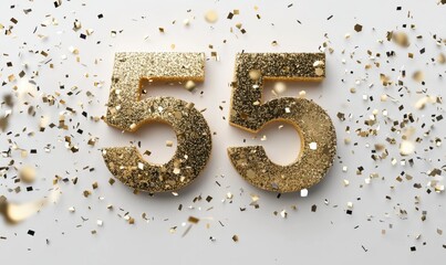 Golden Glitter Number 55 on White Background with Party Confetti