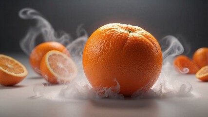 An orange enveloped in swirling, vibrant smoke, blending soft textures with vivid contrasts