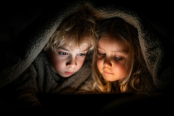 children engrossed in a tablet's glow, faces illuminated in the dark, captivated by the screen's light and content.