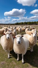 Fototapeta premium Sheep enjoy fresh green grass on an English farm field beneath a clear blue sky and fluffy white clouds during springtime
