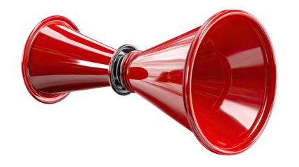 Red Horn Icon: A striking pair of vibrant red horns, symbolizing announcement and echoing through a classic design, stand out in a sharp image. 