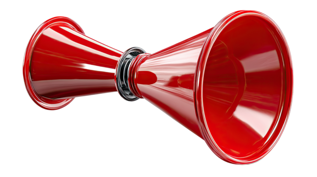 Red Horn Icon: A striking pair of vibrant red horns, symbolizing announcement and echoing through a classic design, stand out in a sharp image. 