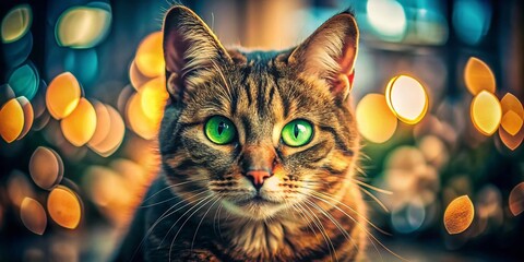 Vintage Green-Eyed Cat Portrait: Soft Focus Night Photography