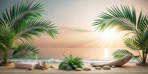 Serene Coastal Display Featuring Palm Fronds, Smooth Stones, and a Minimalist Platform at Sunset
