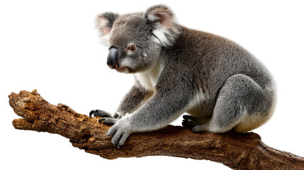 Fototapeta premium Koala in Perch: This captivating close-up captures a cuddly koala resting gracefully on a sturdy tree branch. Observe the koala's adorable features and observe its natural environment