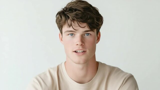 Contemplative Gaze: A young man with textured hair and blue eyes offers a soft gaze and gentle expression, a portrait of introspection and understated style.