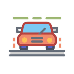 Automobile Icon: Red Car on Road with Headlights and Windshield