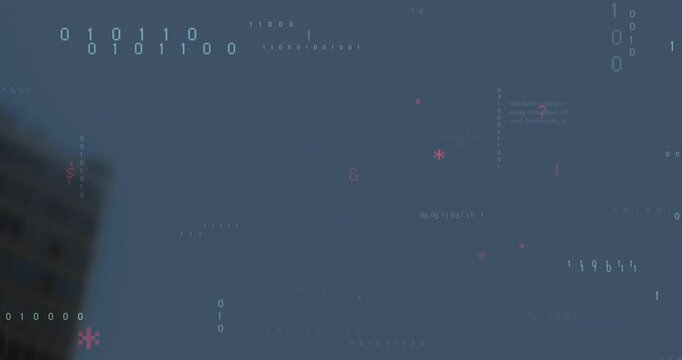 Abstract binary code being animated on gray backdrop, featuring floating digits and red symbols