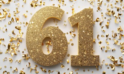 Golden Glitter Number 61 Surrounded by Colorful Confetti Streamers