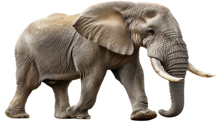 Obraz premium Majestic Elephant's Stroll: An imposing adult elephant, its wrinkled skin and ivory tusks gleaming in the sunlight, strides purposefully, embodying grace, strength.