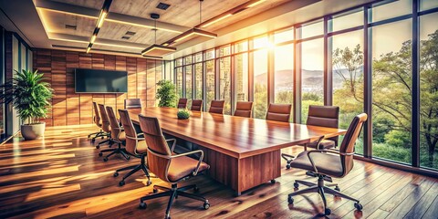 Fototapeta premium Vintage Style Modern Conference Room: Large Wooden Table, Ergonomic Chairs, Sleek Tech