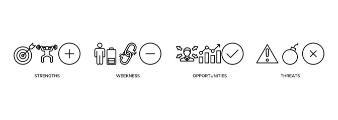 SWOT banner web icon vector illustration concept for strengths, weaknesses, opportunities and threats analysis with an icon of value, goal, break chain, low battery, growth, check, minus, and crisis
