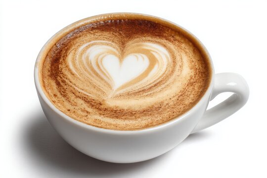 A white cup filled with cappuccino coffee with a heart shaped latte art design on a white background. cup of coffee - Powered by Adobe
