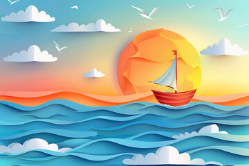 Naklejka premium A vibrant paper-cut illustration of a sailboat sailing on the ocean at sunset, with seagulls.