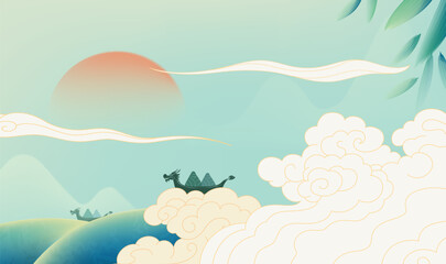 Dragon Boat Festival horizontal illustration auspicious clouds and dragon boats