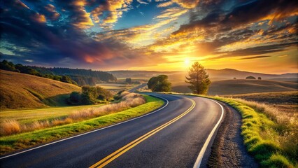 Winding Asphalt Road Through Serene Landscape - Isolated Stock Photo