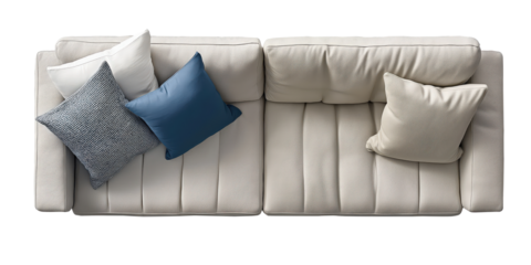 A top view of a modern L-shaped sofa with cushions. Isolated
