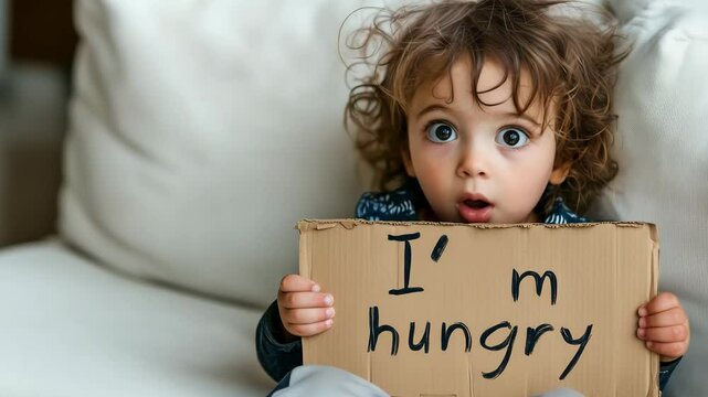 A young child holds a cardboard sign that says I m hungry while sitting on a sofa in a warm indoor atmosphere