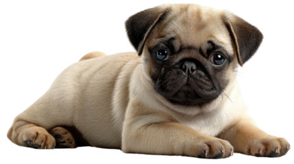 Pug puppy laying: Capturing the endearing charm of a single pug puppy, this adorable shot showcases its playful expression, characteristic wrinkled face, and soft, beige coat. The pug lays down.