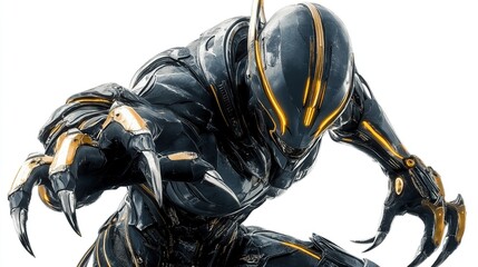 Futuristic cyborg warrior in combat stance.