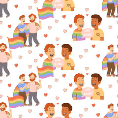 Seamless pride pattern with LGBTQ couples rainbow flags