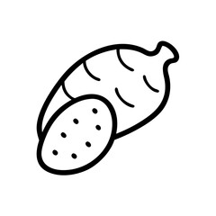 Outline drawing of a whole yam with curved lines and a sliced yam with black spots on it shown