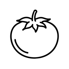 Outline drawing of a single tomato with stem and leaves in black and white minimalist style illustration