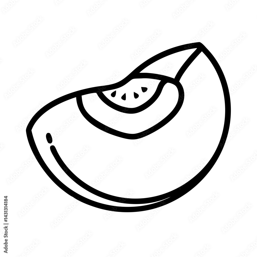 Poster a simple line drawing of a peach slice with visible pit and a small drop like marking on the side ar