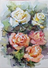 Abstract bright colored decorative background . Floral pattern handmade . Beautiful tender romantic bouquet of rose flowers , made in the technique of watercolors from nature.