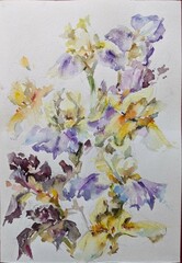 Abstract bright colored decorative background . Floral pattern handmade . Beautiful tender romantic bouquet of iris flowers , made in the technique of watercolors from nature.