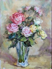 Abstract bright colored decorative background . Floral pattern handmade . Beautiful tender romantic bouquet of rose flowers , made in oil painting technique   from nature.