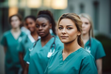 Fototapeta premium diverse group of smiling female nurses at training at college