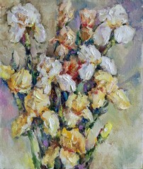 Abstract bright colored decorative background . Floral pattern handmade . Beautiful tender romantic bouquet of iris flowers , made in oil painting technique   from nature