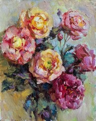 Abstract bright colored decorative background . Floral pattern handmade . Beautiful tender romantic bouquet of rose flowers , made in oil painting technique   from nature.