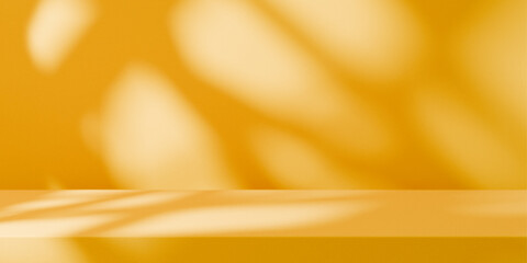 Yellow summer background podium stage for luxury product placement mockup. Empty room with color walls and shadow light home interior showroom presentation. Table top stand showcase advertising design