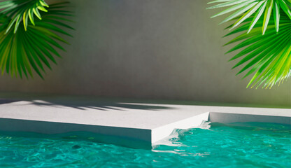 .Summer tropical background with swimming pool water and plaster podium stage with palm leaf shadow. Luxury hotel poolside showcase table for beauty, cosmetic, spa, body and skincare product placement