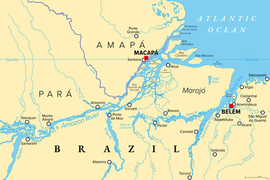 Amazon Delta, political map. River delta formed by the Amazon and Tocantins River in northern South America, located in the Brazilian states of Amap&aacute; and Par&aacute; and encompasses the Maraj&oacute; Archipelago.