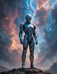 Fototapeta premium Futuristic Robot Standing on Rocky Planet Against Cosmic Storm Background