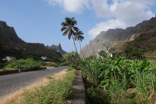 Stra&szlig;e durch Berglandschaft auf Santo Ant&atilde;o in Kap Verde mit Kokospalmen und Bananenplantage