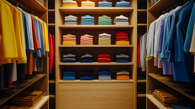 ropa organizada y ordenada en un armario o closet con estantes de madera ropa colgada y doblada colorido 